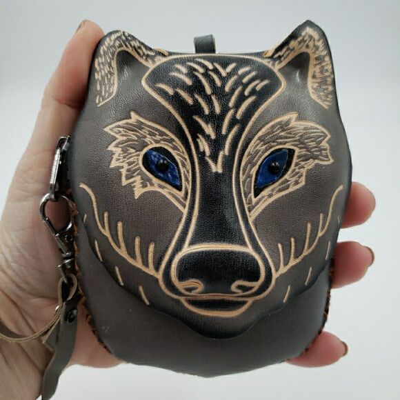 Handmade Leather Gray Wolf Wristlet Wallet Blue Eyes Animal Coin Pouch Cub Scout - Picture 1 of 11